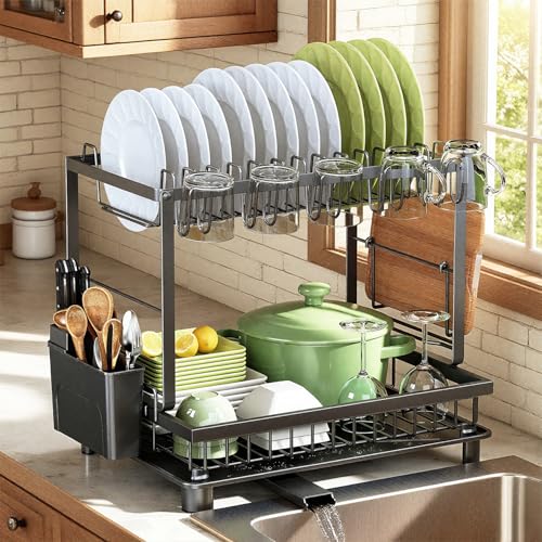 2 Tier Dish Drying Rack for Kitchen Counter (Black)