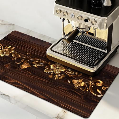Dish Drying Mat Large Coffee Mat Absorbent Drying Mat for Kitchen Counter Coffee Bar Accessories 32"x 17" (Dark Wood Gold Floral)