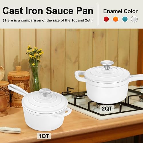 1& 2Qt Enameled Cast Iron Saucepan with Lid (White / 1+2 Quarts)