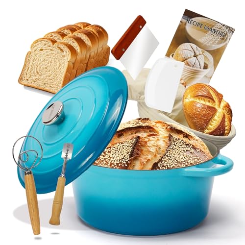 5QT Enameled Cast Iron Dutch Oven for Bread Baking with Lid (Teal / 5 QT (Bread Pan))