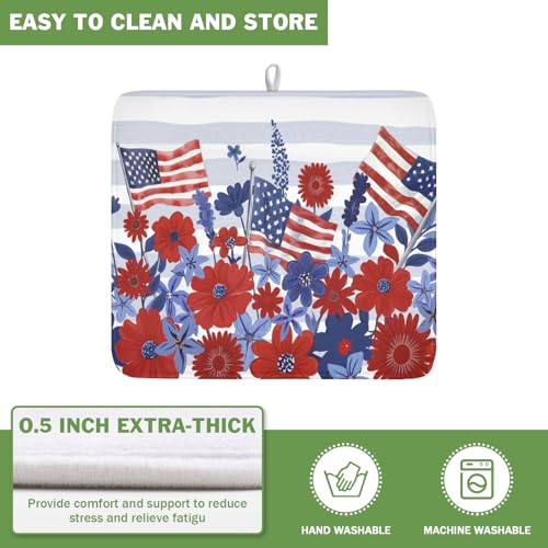 Patriotic Floral Dish Drying Mat for Kitchen Counter 4th of July American Flag Microfiber Dish Drainer Mat Red and Blue Flower Absorbent Washable Drying Pad 16"x18" (Patriotic Floral Flag / 18" x 16")