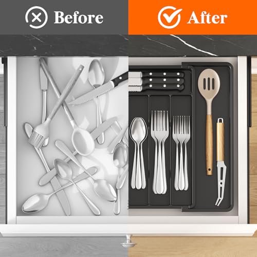 Expandable Silverware Drawer Organizer (Black / Large (11-18''W x 14''D))