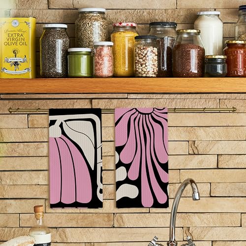 Abstract Boho Pink and Beige Floral Kitchen Towels Set of 2 (Boho Pink and Green / Casual)