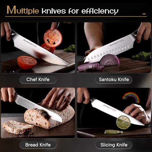 Knife Set Kitchen Knives Set with Block and Dual Sharpener Full Tang 15 Pcs German Stainless Steel Sharp Blade Dishwasher Safe with Ergonomic Handle (Premium Black Pro（Ultra Sharp）with Dual Sharpener)