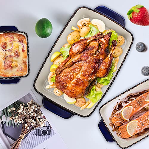3 Pack Ceramic Bakeware Set Porcelain Rectangular Baking Dish Lasagna Pans for Cooking Kitchen Casserole Dishes Cake Dinner 12 x 8.5 x 6 Inches of Baking Pans Banquet and Daily Use Cobalt Blue (Cobalt Blue)