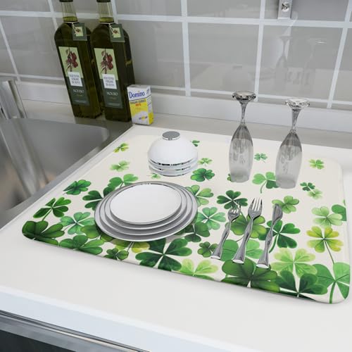 Happy St. Patrick's Day Dish Drying Mat for Kitchen Green Kitchen Dish Drying Mat for Dishes Spring Lucky Clover Shamrock Drying Mats 18x24 Inch Absorbent Reversible Dish Pad for Countertop Coffee Bar (Happy St. Patrick's Day Clover / 18" x 24")