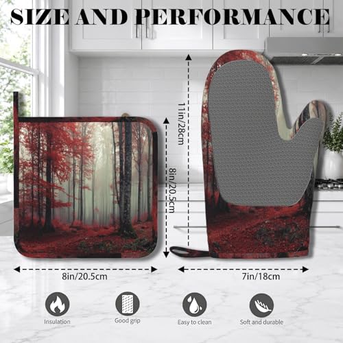 Forest Oven Mitts and Pot Holders Sets Red Trees Landscape Silicone Heat Resistant Kitchen Oven Gloves Pot Holder for Cooking Baking Grilling BBQ (Forest)