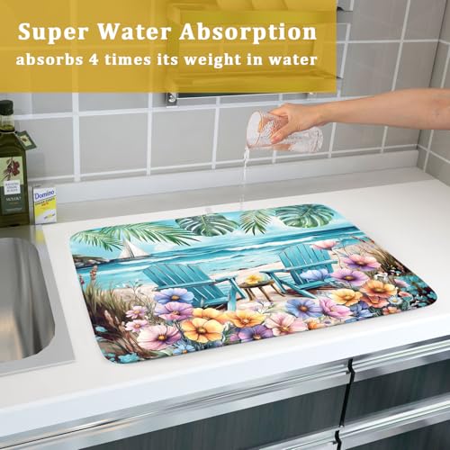 Spring Summer Sea Chair Dish Drying Mat for Kitchen Counter (18" x 24")