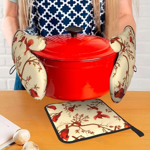 Red Cardinal Oven Mitts and Pot Holders Sets of 3 (Cardinal Bird)