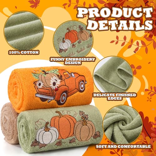 3 Pcs Fall Hand Towels for Bathroom 13.8 x 29.5 Inch Autumn Decorative Bath Towels Sets 100% Cotton Embroidered Pumpkin Maple Thanksgiving Bathroom Decor (Orange and Green / Pumpkin)