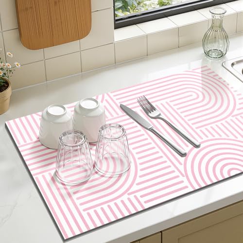 Geometric Dish Drying Mat (Geometric-Pink / 12" X 20")