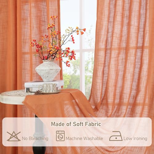 Semi Sheer Linen Curtains 45 Inches Long for Bedroom 2 Panels (52"W x 45"L (Pack of 2) / Burnt Orange)