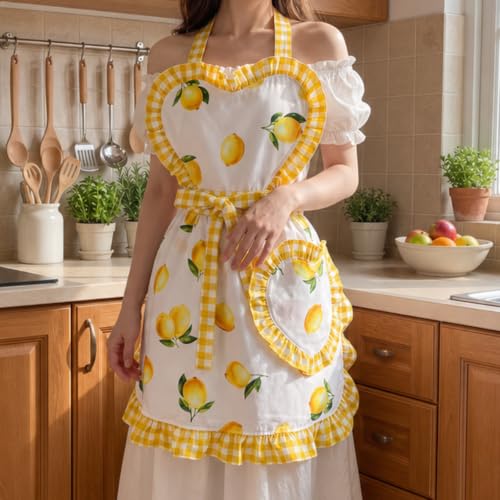 Yellow Lemon Apron for Women Ruffle Cross Back with Pockets (Yellow Lemon)