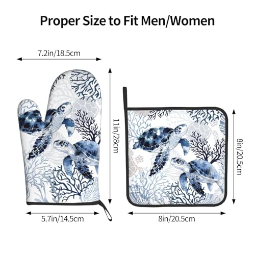 Coastal Oven Mitts and Pot Holders Sets of 2 Summer Kitchen Mitts Blue Sea Turtle Hot Pads for Cooking Baking Grilling (Navy Blue Coastal)