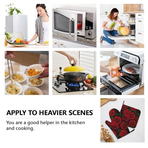 Red Black Rose Flower Oven Mitts and Pot Holders Sets of 4 (Red Black Rose Flower)