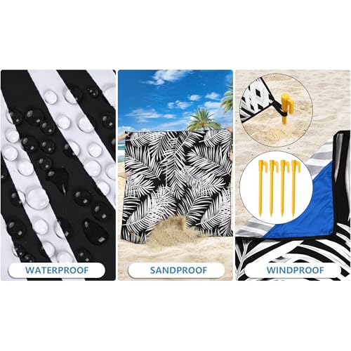 Waterproof Sandproof Beach Blanket Mat for 1 (79" X 83"（1~3 person） / Leaves - Black Base With White Foliage)