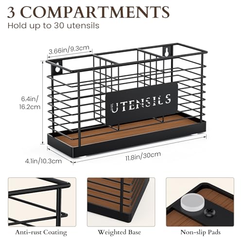 Utensil Holder for Kitchen Counter Large Black Metal Cooking Utensil Organizer 3 Compartments for Countertop Kitchen Tool Spatula Holder Wood Base (Brown-3 Slots)