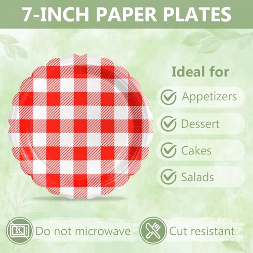 75 Red Gingham Paper Plates and Napkins Disposable for Picnic (Red Gingham 75 Plates Set / 7-inch Set)