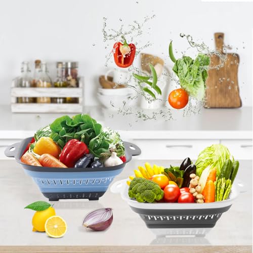 Collapsible Colander Set (Blue & Gray / 10.8"L x 8.6"W x 2"H)