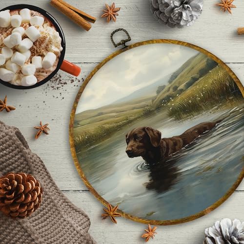 Rustic Country Chocolate Labrador Retriever Round Wall Art (Colour 09)