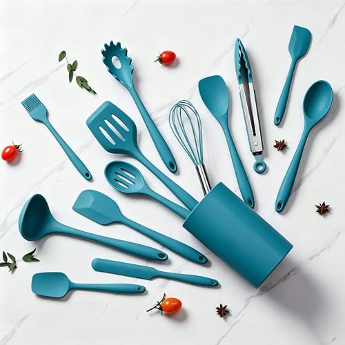 14 Pcs Silicone Kitchen Cooking Utensils Set with Holder (Dark Blue)