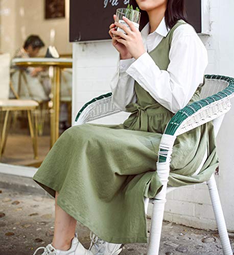 Women Plus Size Cotton Linen Vintage Pleated Split Apron Pinafore Dress with Two Pockets (Green / 43.4"L)