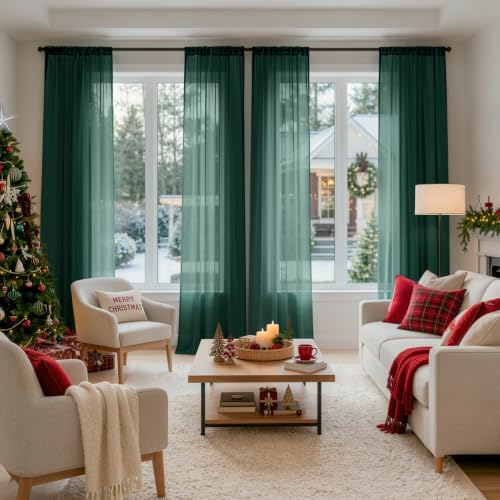 4 Panels Hunter Green Christmas Sheer Curtains 42 x 108 Inches (42"W x 108"L (Pack of 4) / Hunter Green)