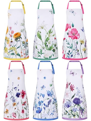 6 Pack Wildflower Aprons for Women with Pockets (Multicolored / Summer Floral)