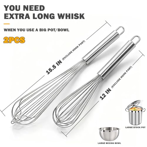 18 10 Stainless Steel Large Whisk Set of 2 (15.5 INCH + 12 INCH)