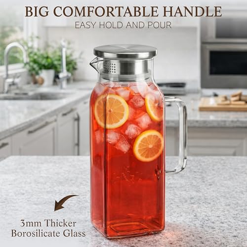 2 Pack Square Glass Pitcher with Lid and Handle