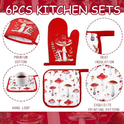 6 Pcs Mushroom Kitchen Towels Oven Mitts and Pot Holders (Red, Black / Christmas Mushroom Theme)