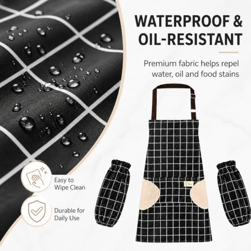 Waterproof Bib Apron Set with Sleeves (Black-grid)