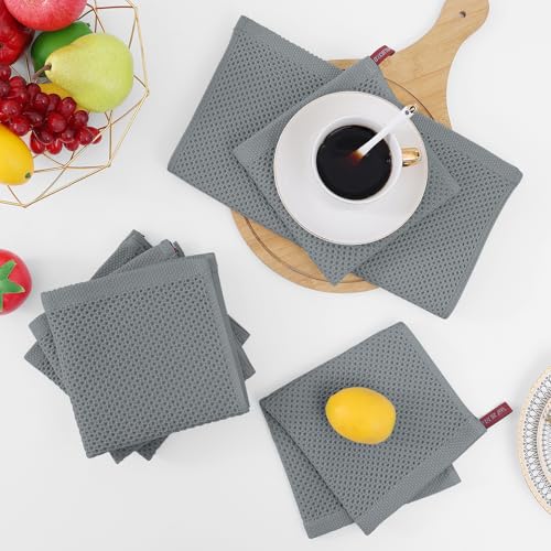 100% Cotton Waffle Weave Kitchen Dish Cloths 6 (Grey / 12 X 12 - 6 Pack)