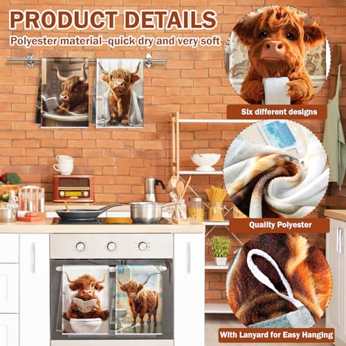 6 Highland Cow Kitchen Towels with Hanging Loop (Bathroom)