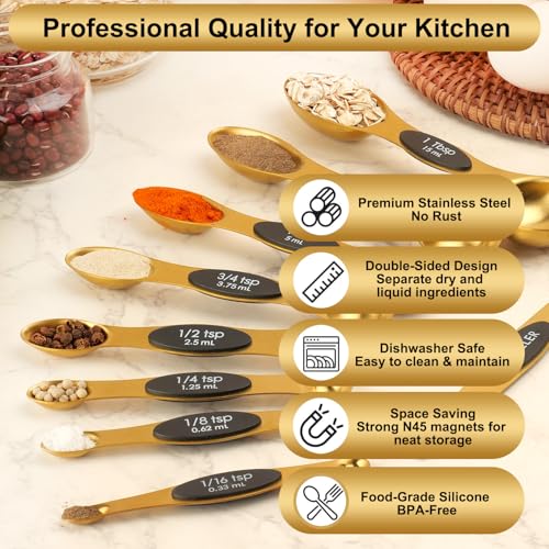 Gold Magnetic Measuring Spoons Set Stainless Steel with Leveler (Gold)