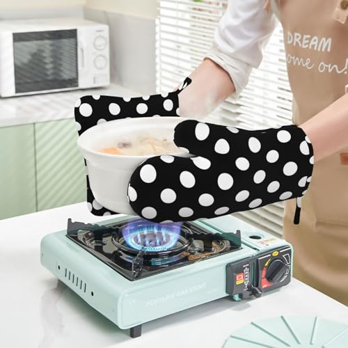 Black White Retro Polka Dot Oven Mitts and Pot Holders Sets of 4 (Black White Retro Polka Dot)