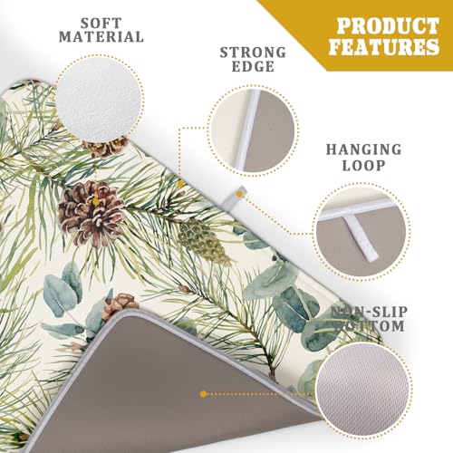 Winter Christmas Dish Drying Mat for Kitchen Counter 18x24 Evergreen Leaves Pinecone Holiday Theme Absorbent Reversible Microfiber Drying Mats Kitchen Countertop Protector Dishes Drainer Pad (18" x 24")