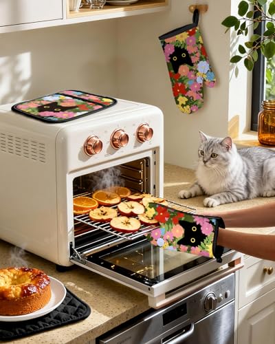 Cotton Oven Mitts and Pot Holders Sets (Floral Feline)