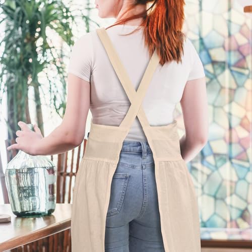 Vintage Apron for Women with Pockets Adjustable Straps for Kitchen (Beige+white)