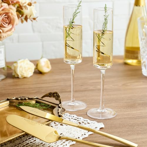 4Pcs Mr and Mrs Champagne Flutes with Gold Wedding Cake Knife (Love is Sweet（Gold Cake Knife） / Set of 4（Gift box）)