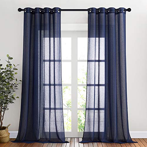 Linen Sheer Living Room Curtains 90 inch Long (52"W x 90"L (Pack of 2) / Dark Blue)