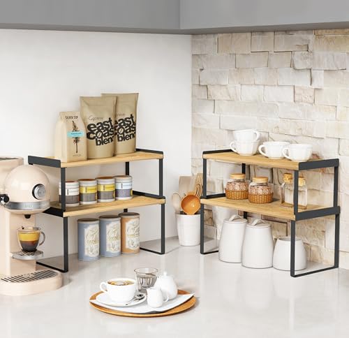 Kitchen Cabinet Shelf Organizer Set of 4 (Large / Black-bamboo)