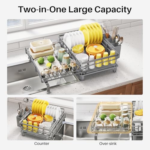 Expandable Dish Drying Rack for Kitchen Counter (Gray)