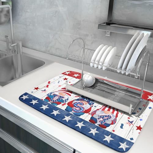 4th of July Gnomes Dish Drying Mat 18x24 inch Patriotic Elf Usa Stars Dish Drainer Mats Independece Day Large Microfiber Dish Drying Pad for Kitchen Countertop Holiday Decor (24" x 18")
