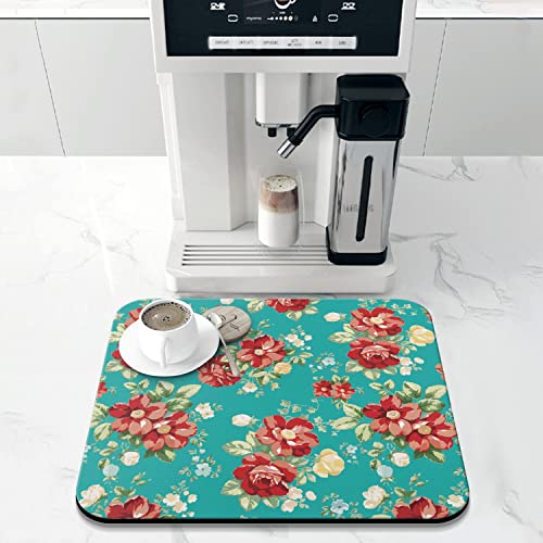 Coffee Bar Mat Accessories for Countertop Absorbent Hide Stain Rubber Backed Dish Drying Mats for Kitchen Counter Draining Pad Decor Gift (Boho Flowers / 16" x 18")