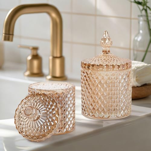 2 Pack Qtip Holder Apothecary Jars with Lid (23 oz + 10 oz / Amber)