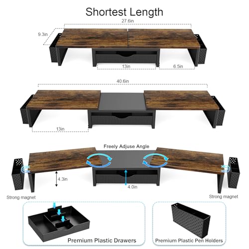 Dual Monitor Stand Riser With Drawer and 2 Pen Holders (Wood)