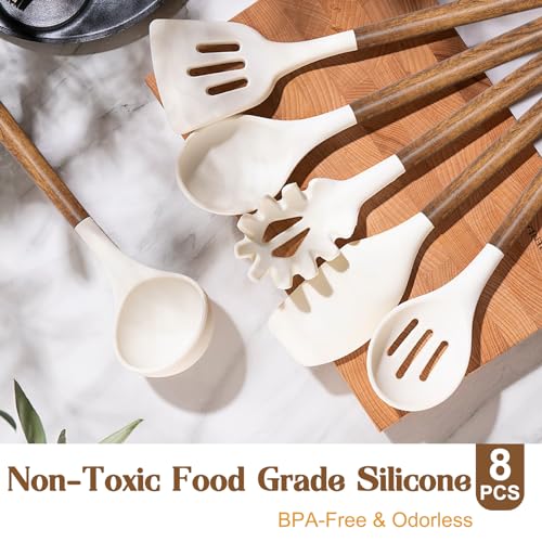 Non Stick Silicone Kitchen Utensils Set with Natural Acacia Hard Wood Handle (White)