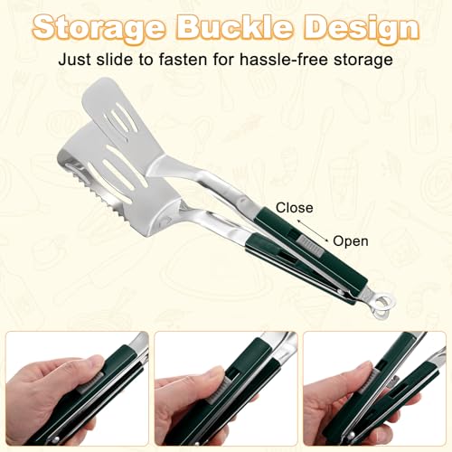 Spatula Tongs (Green Handle, Silver Tone)