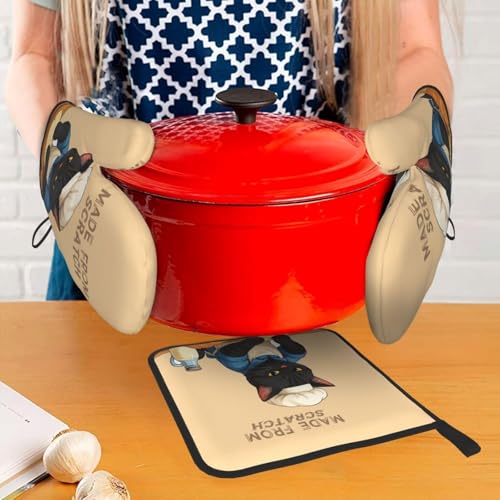 Funny Black Cat Oven Mitts and Pot Holders Set (Funny Cat)